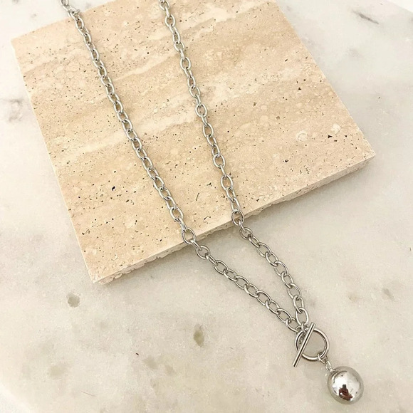 925 Sterling Silver Chunky Toggle Ball Necklace Minimalist Ball Pendant Necklace - Picture 4 of 4